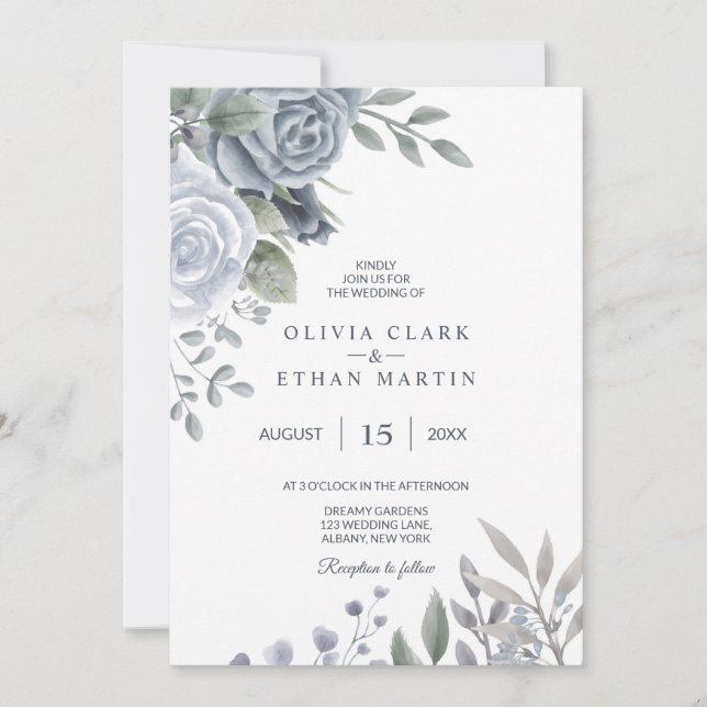 Vintage Dusty Blue Roses Invitation (Front)