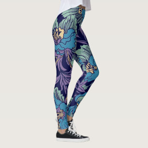 Vintage Dusty blue, teal Rustic Floral Pattern Leggings