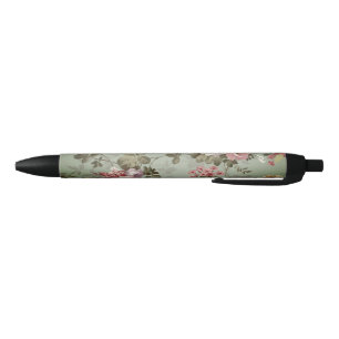 Vintage Dusty Olive Green Floral Design Black Ink Pen