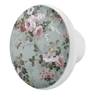 Vintage Dusty Olive Green Floral Design Ceramic Knob
