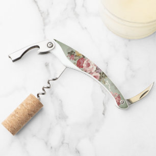 Vintage Dusty Olive Green Floral Design Corkscrew