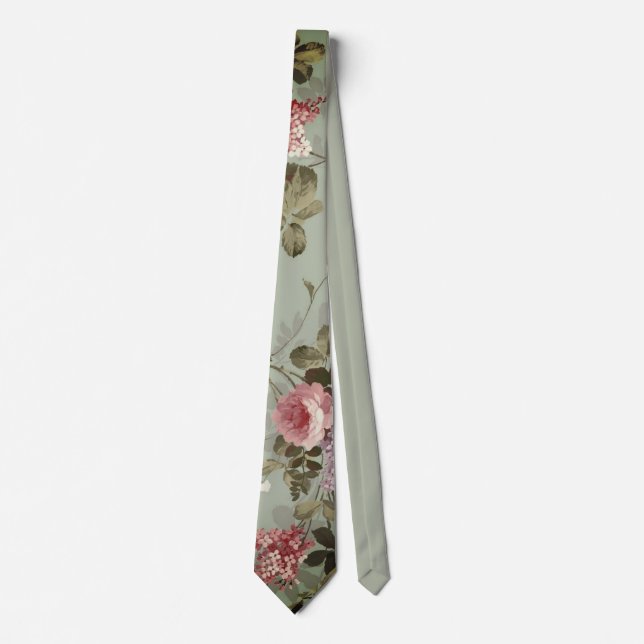 Vintage Dusty Olive Green Floral Design Tie (Front)