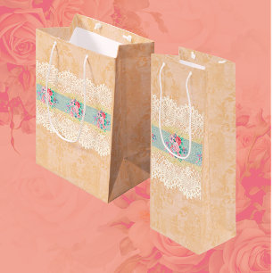 Vintage Dusty Peach Damask Roses Lace Wine Gift Bag