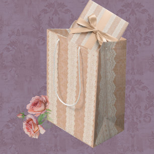 Vintage Dusty Peach Lace and Damask Medium Gift Bag