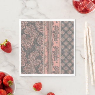 Vintage Dusty Pink and Charcoal Gray Lace Damask  Napkin
