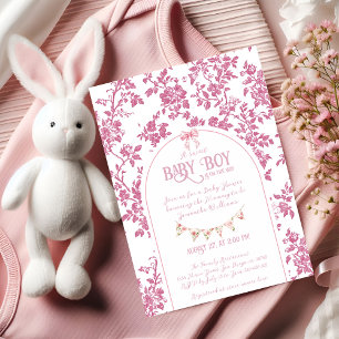 Vintage Dusty Pink Bow Floral Toile Baby Shower Invitation