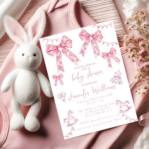 Vintage Dusty Pink Bow Floral Toile Baby Shower Invitation
