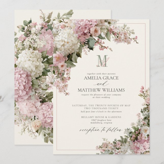 Vintage Dusty Pink Hydrangea Sage Monogram Wedding Invitation (Front/Back)