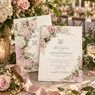 Vintage Dusty Pink Hydrangea Sage Monogram Wedding Invitation