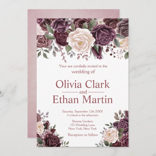 Vintage Dusty Rose on Pure White Invitation (Front/Back)