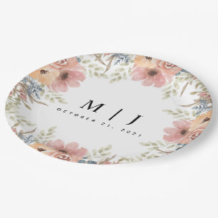 Vintage Dusty Rose Peach Floral Wedding Paper Plate