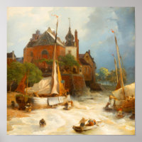 Vintage Dutch Coastal Town and Sailing Ships