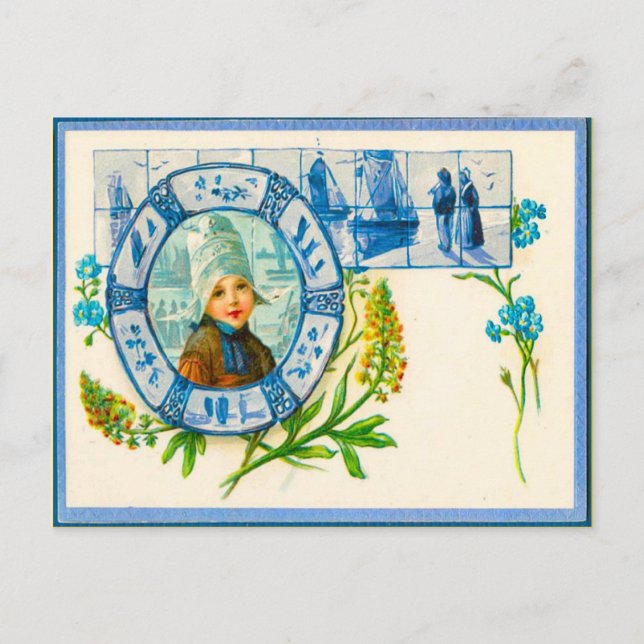 Vintage Dutch costulme and blue Delft tiles Postcard (Front)