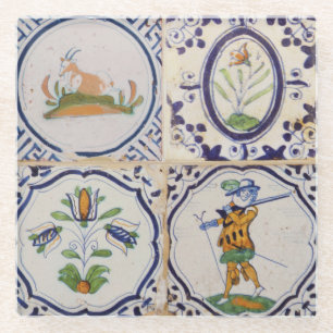 Vintage Dutch Delft Tiles 17th Century pottery art Glass Coaster
