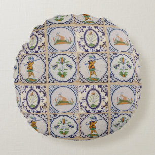 Vintage Dutch Delft Tiles 17th Century pottery art Round Cushion