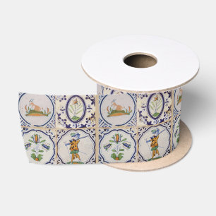 Vintage Dutch Delft Tiles 17th Century pottery art Satin Ribbon