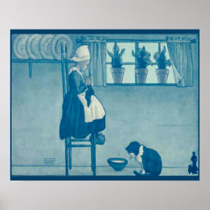 Vintage Dutch design, 1905 Girl knitting, cat Poster