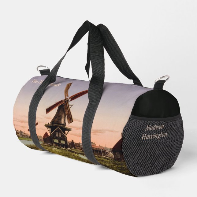 Vintage Dutch Windmills custom name & text Duffle Bag (Right Corner)