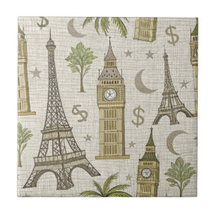Vintage Earth Tones World Landmark for Travelers Ceramic Tile