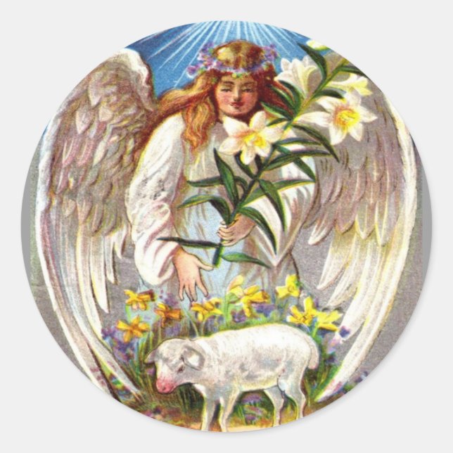 Vintage Easter Angel and Lamb Classic Round Sticker (Front)