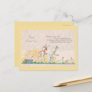 Vintage Easter Babies & Bunny Rabbits Cute Yellow Postcard