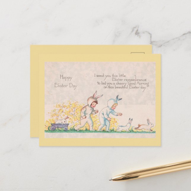 Vintage Easter Babies & Bunny Rabbits Cute Yellow Postcard (Front/Back In Situ)
