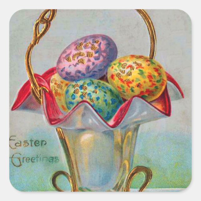 Vintage Easter Basket Coloured Egg Square Sticker (Front)