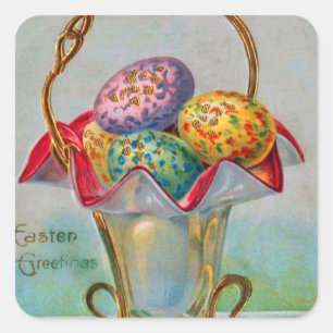 Vintage Easter Basket Coloured Egg Square Sticker