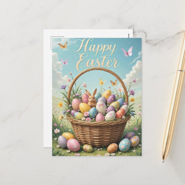 Vintage Easter Basket with Eggs  Holiday Postcard (Front/Back In Situ)