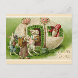 Vintage Easter Bunnies and Gnome Easter Greetings Postcard