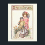Vintage Easter Bunnies and Peace Message Postcard<br><div class="desc">Charming vintage Easter art featuring two children,  white bunnies in a basket,  daffodils and message of peace.</div>