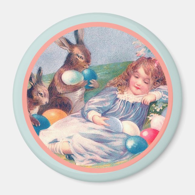 Vintage Easter Bunnies and Sleeping Girl Magnet (Front)