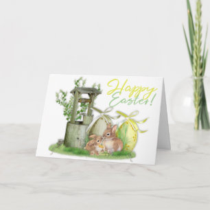 Vintage Easter Bunnies, Easter Eggs, Wishing Well Holiday Card