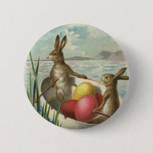 Vintage Easter Bunnies in a Boat with Easter Eggs 6 Cm Round Badge