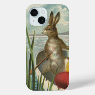 Vintage Easter Bunnies in a Boat with Easter Eggs iPhone 15 Case