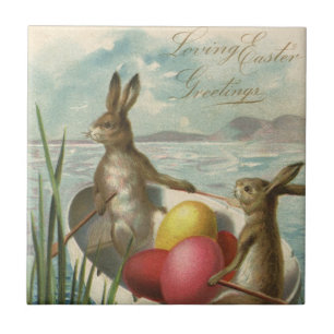 Vintage Easter Bunnies in a Boat with Easter Eggs Ceramic Tile