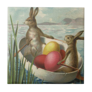Vintage Easter Bunnies in a Boat with Easter Eggs Ceramic Tile