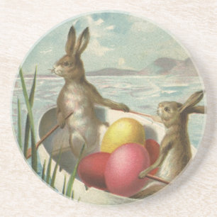 Vintage Easter Bunnies in a Boat with Easter Eggs Coaster