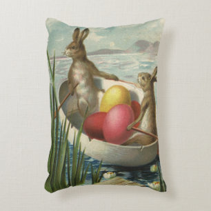 Vintage Easter Bunnies in a Boat with Easter Eggs Decorative Cushion