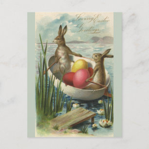 Vintage Easter Bunnies in a Boat with Easter Eggs Holiday Postcard