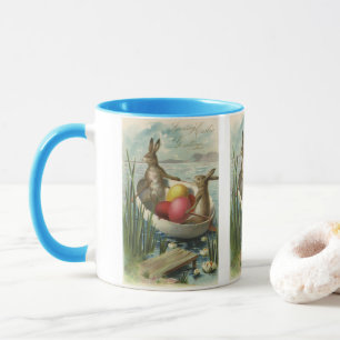 Vintage Easter Bunnies in a Boat with Easter Eggs Mug