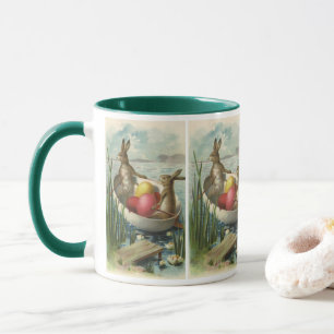 Vintage Easter Bunnies in a Boat with Easter Eggs Mug
