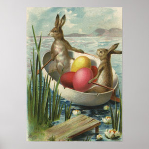 Vintage Easter Bunnies in a Boat with Easter Eggs Poster