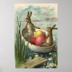 Vintage Easter Bunnies in a Boat with Easter Eggs Poster