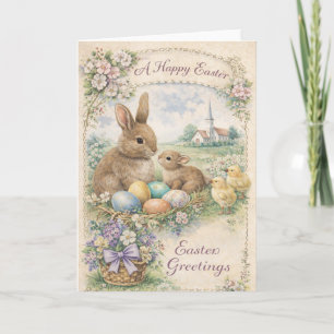 Vintage Easter Bunny and Chicks Pastel Holiday Card