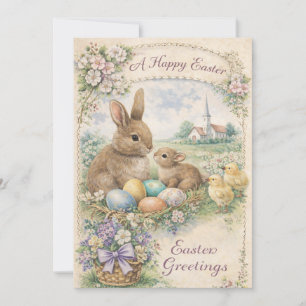 Vintage Easter Bunny and Chicks Pastel Holiday Card