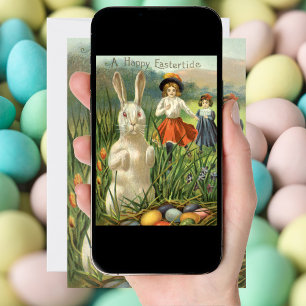 Vintage Easter Bunny and Children Happy Eastertide Holiday Card