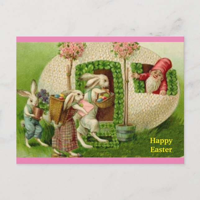 Vintage Easter Bunny and European Gnome copy Postcard (Front)