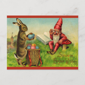 Vintage Easter Bunny and Gnome Postcard