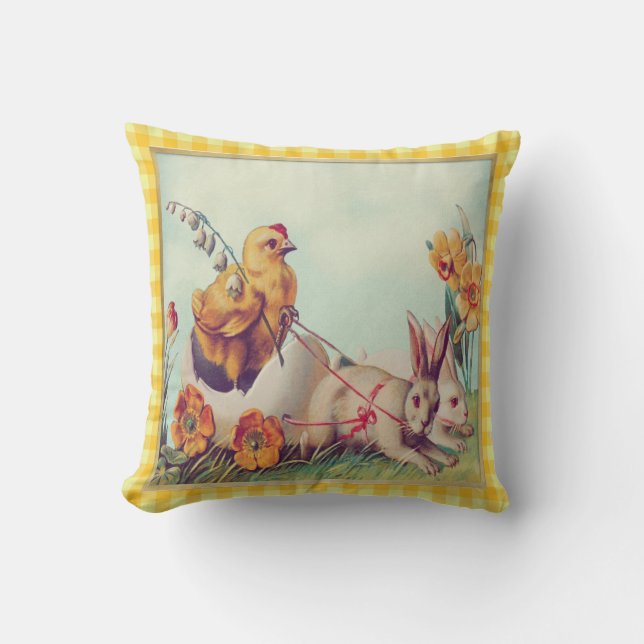 Vintage Easter Bunny & Chick in Buffalo Checks Cushion (Front)